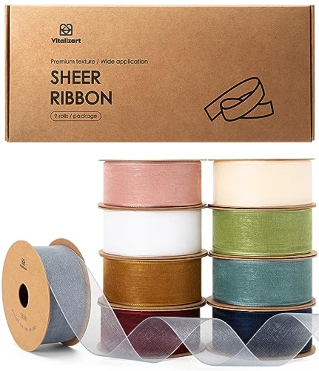 1" x 90 Yards Organza Ribbon Mixed Color Sheer Ribbons Set 10 Yd x 9 Rolls Handmade Eco-Friendly for Gift Wrapping Christmas Tree Crafts Bows Wedding Invitations Wreaths Wrap
